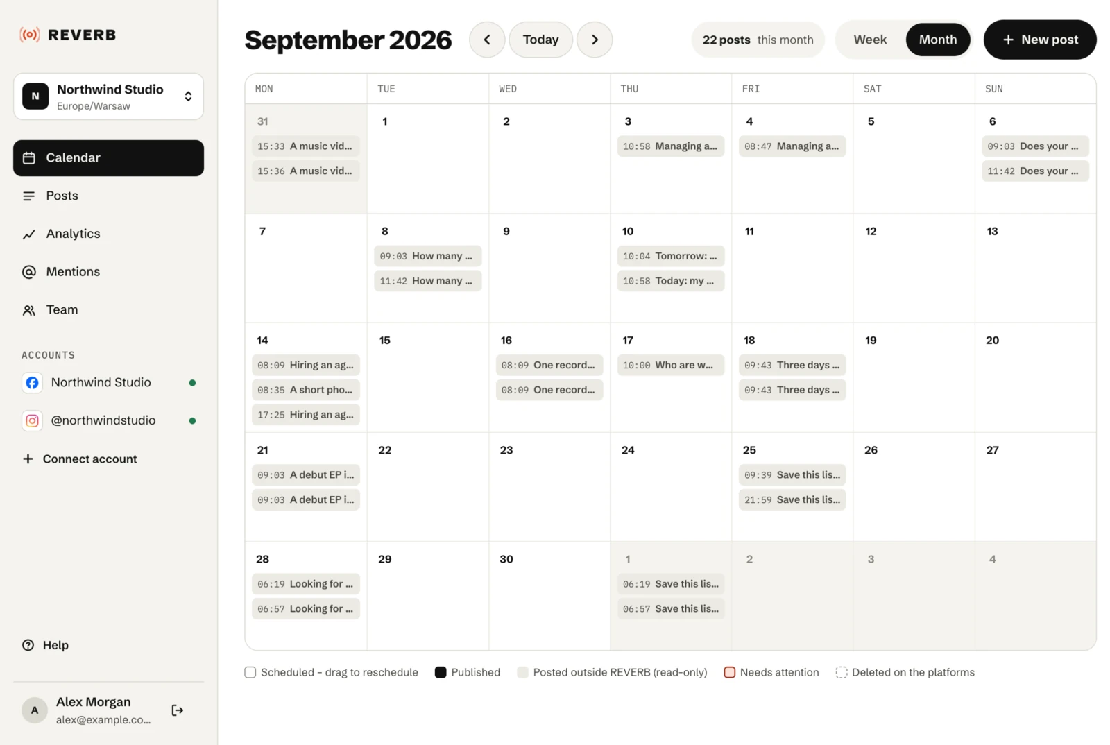 The calendar in month view, with each day’s posts listed by time and a legend for scheduled, published, posted outside REVERB, needs attention and deleted posts.