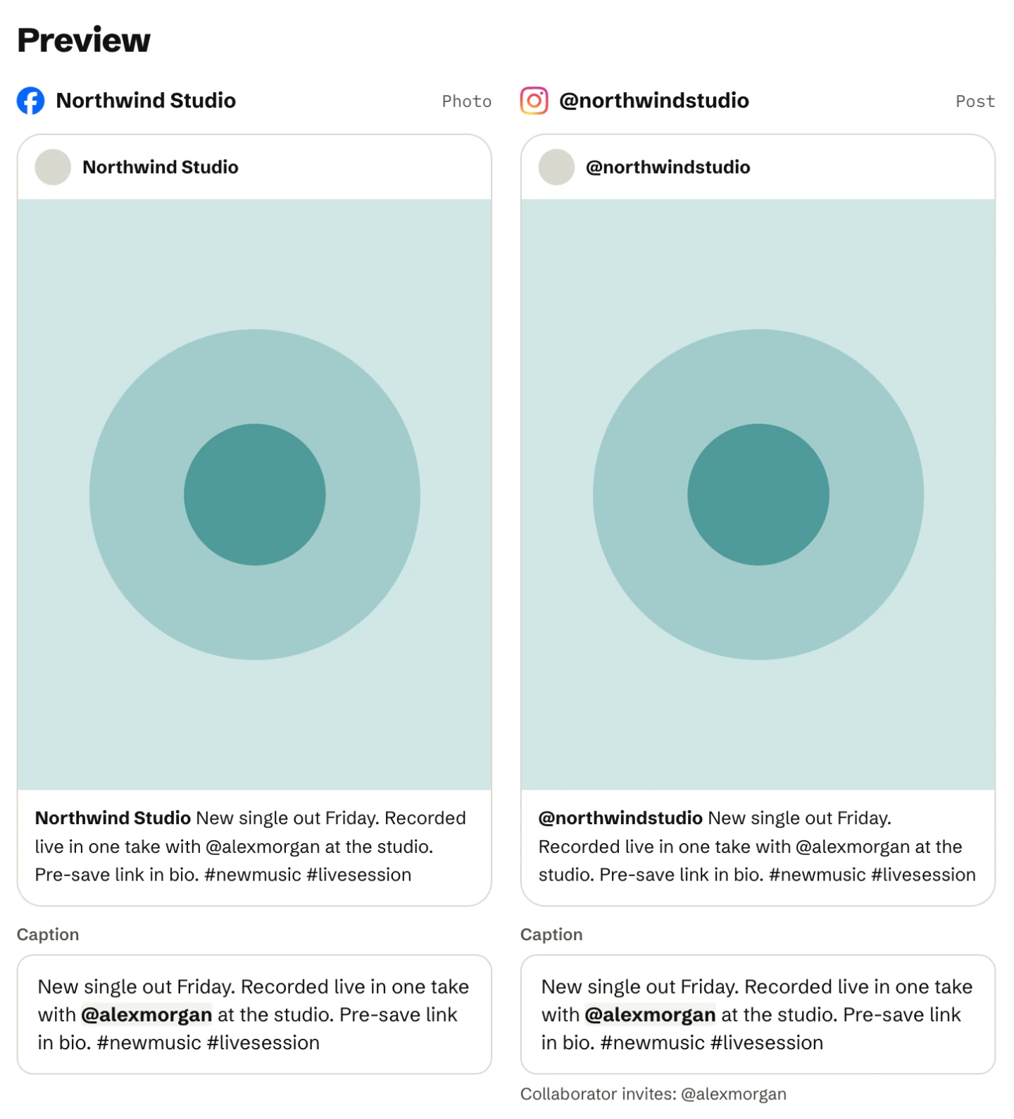 Previews for a Facebook Page and an Instagram account side by side. The caption typed with @alex shows the mapped handle @alexmorgan on both; Instagram also lists it as a collaborator invite.