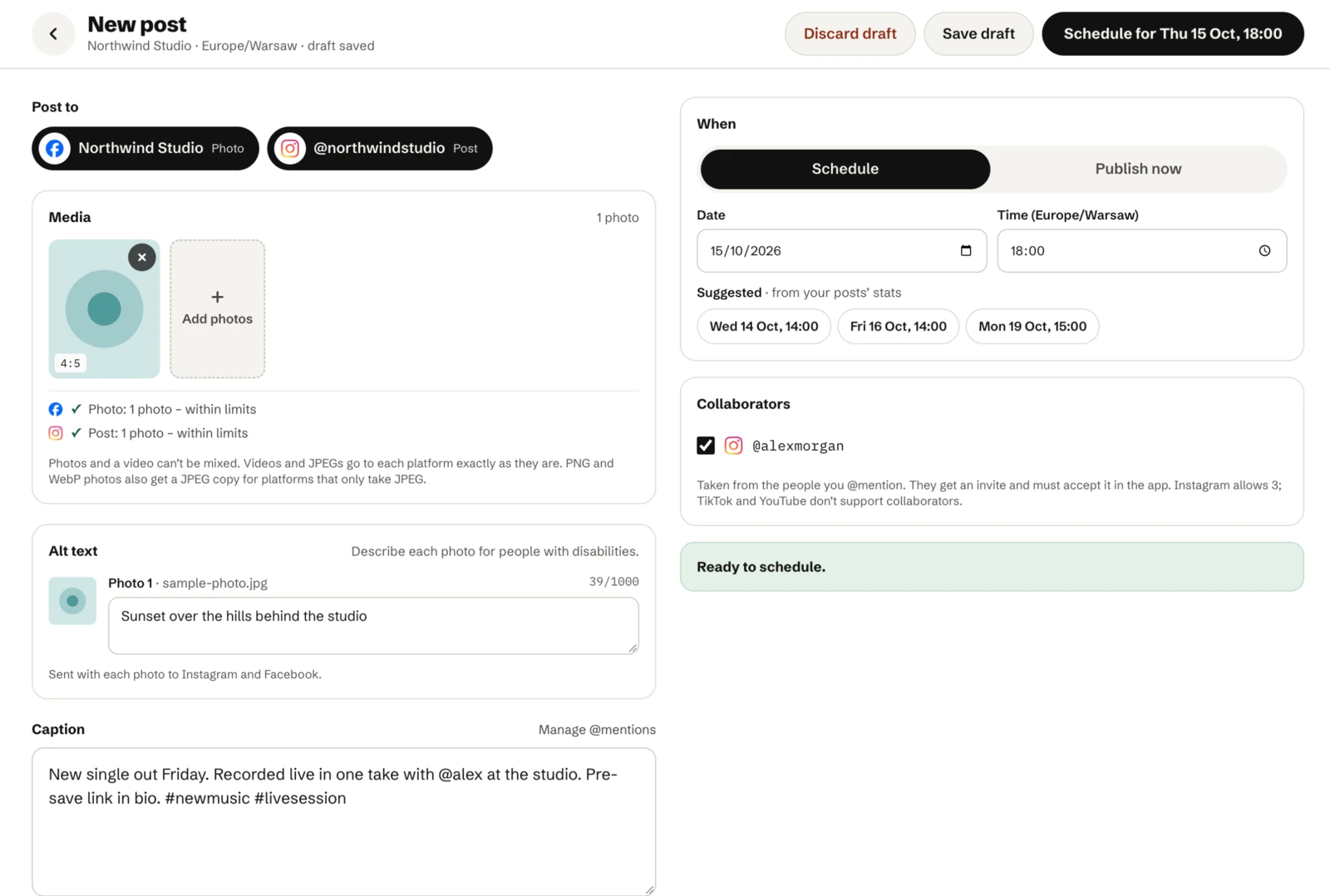The post editor: a Facebook Page and an Instagram account picked, one photo checked against both platforms’ limits, alt text, the caption, and a Schedule panel with a date, a time and suggested times.