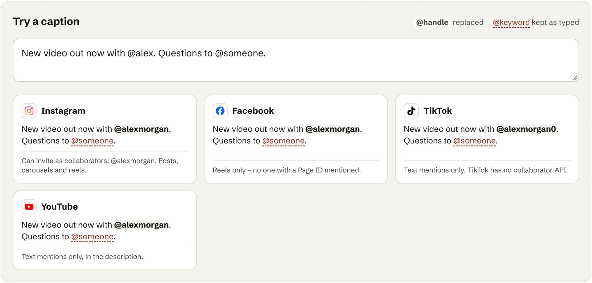 Try a caption: “New video out now with @alex. Questions to @someone.” Each platform shows @alex replaced with its handle, while @someone, which has no mapping, stays as typed.