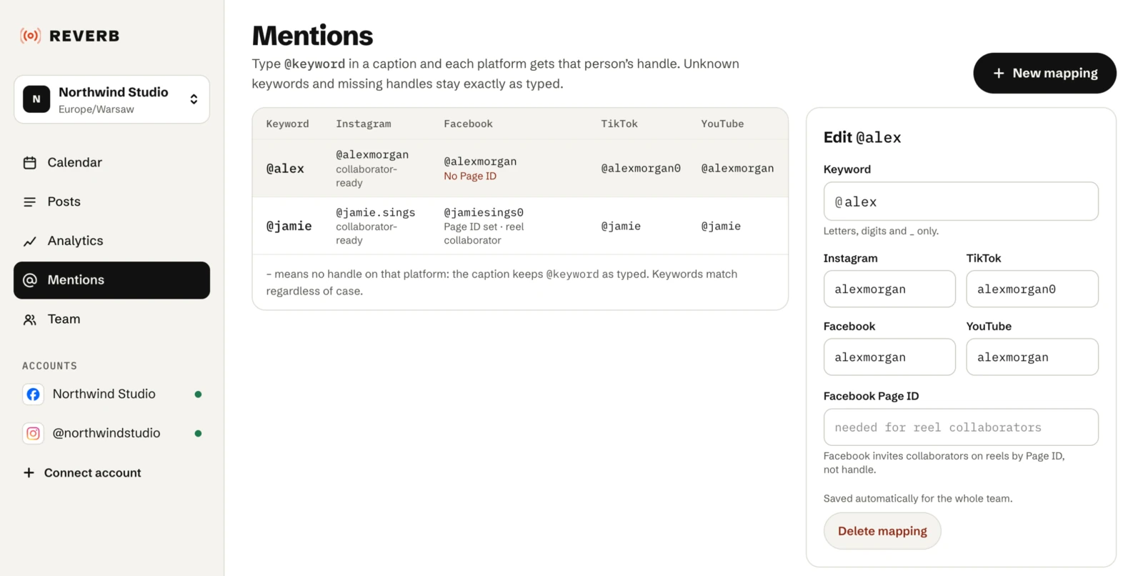 The Mentions page: a table of keywords with their Instagram, Facebook, TikTok and YouTube handles, and the form for editing the selected keyword.