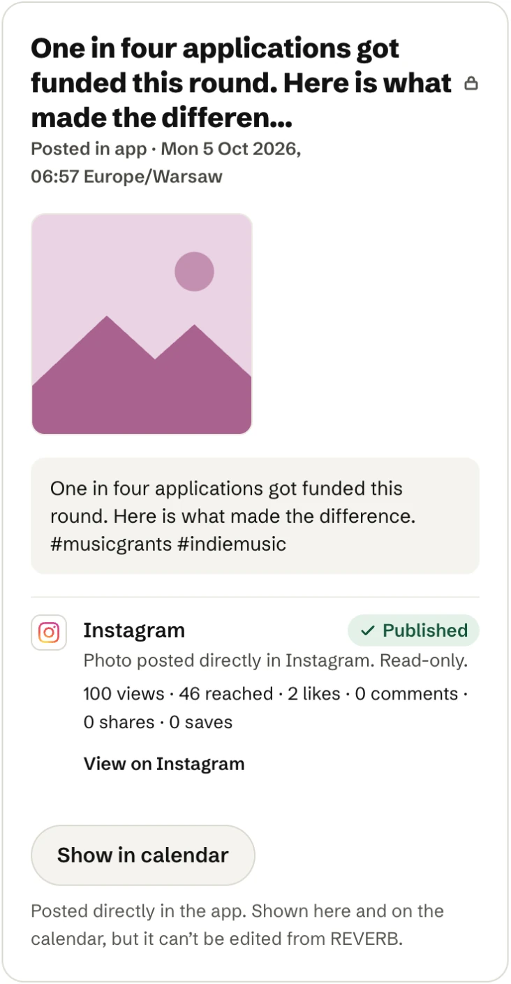 A post made in the Instagram app, opened on the Posts page: marked Posted in app and Published, read-only, with its views, reach, likes, comments, shares and saves.