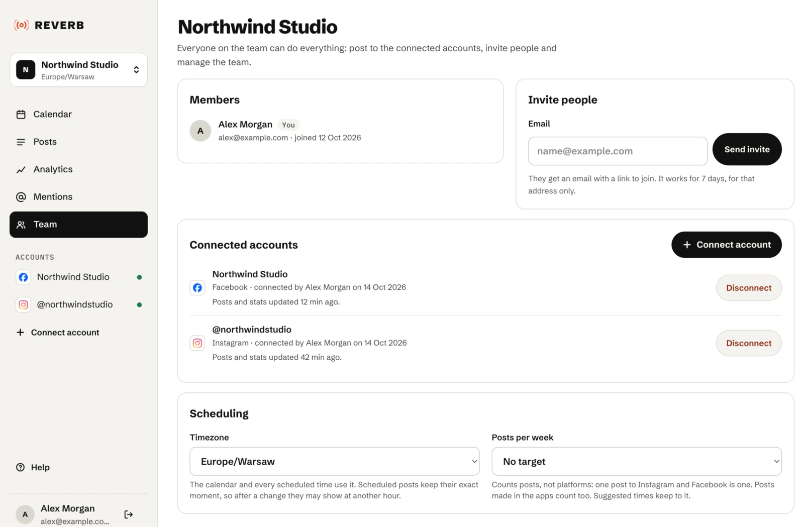 The Team page: members, a form to invite people by email, the connected accounts with Disconnect buttons, and Scheduling settings for the timezone and posts per week.